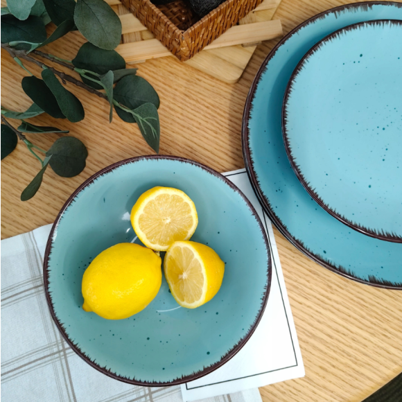 LIVELLO DUNA TURQUOISE CERAMIKA / Serwis obiadowy 24 el dla 6 osób (z kubkiem) / odcień turkusowo - piaskowy