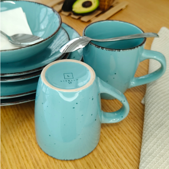 LIVELLO DUNA TURQUOISE CERAMIKA / Serwis obiadowy 24 el dla 6 osób (z kubkiem) / odcień turkusowo - piaskowy