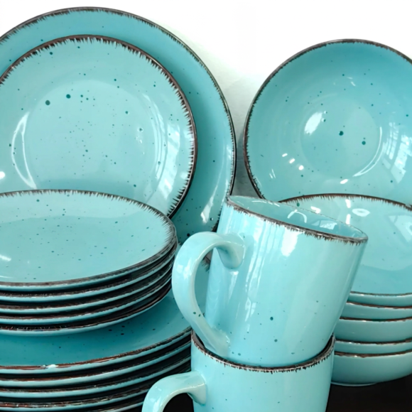 LIVELLO DUNA TURQUOISE CERAMIKA / Serwis obiadowy 24 el dla 6 osób (z kubkiem) / odcień turkusowo - piaskowy