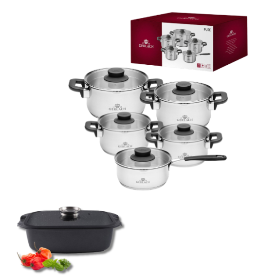 GERLACH PURE Komplet Garnki z pokrywkami 10 el / indukcja +  Gerlach Granitex Brytfanna 
