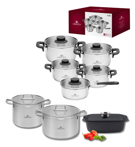 GERLACH PURE Komplet Garnki z pokrywkami 10 el / indukcja + Garnek Ambiente 7 L+ 10 L + Brytfanna Granitex 