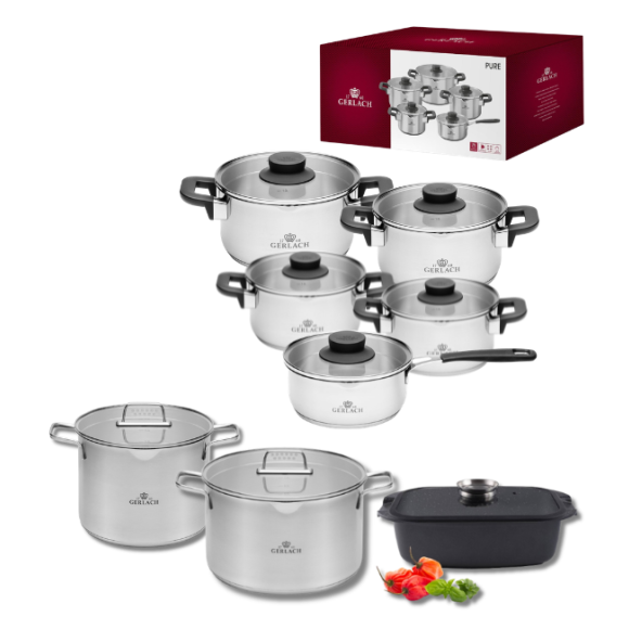 GERLACH PURE Komplet Garnki z pokrywkami 10 el / indukcja + Garnek Ambiente 7 L+ 10 L + Brytfanna Granitex 