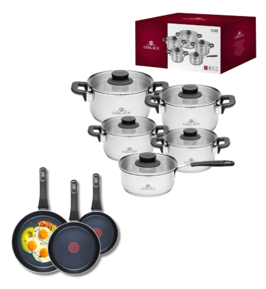 GERLACH PURE Komplet Garnki z pokrywkami 10 el / indukcja + Gerlach Ambiente Patelnia 20, 24, 28 cm
