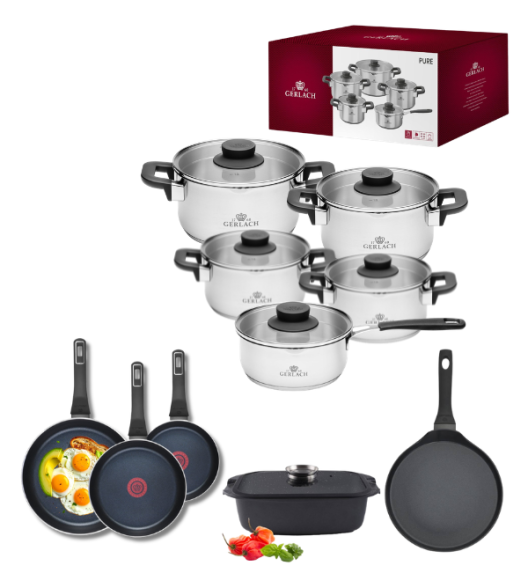 GERLACH PURE Komplet Garnki z pokrywkami 10 el / indukcja + Gerlach Ambiente Patelnia 20, 24, 28 cm + Patelnia naleśnikowa Harmony 26 cm + Brytfanna Granitex