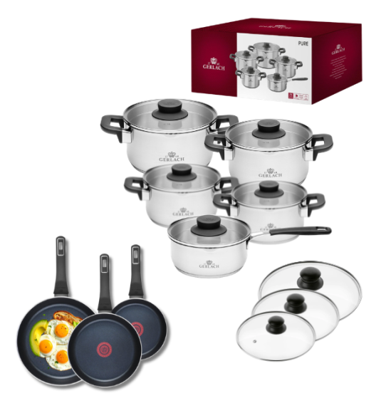 GERLACH PURE Komplet Garnki z pokrywkami 10 el / indukcja + Gerlach Ambiente Patelnia 20, 24, 28 cm + Pokrywki szklane 