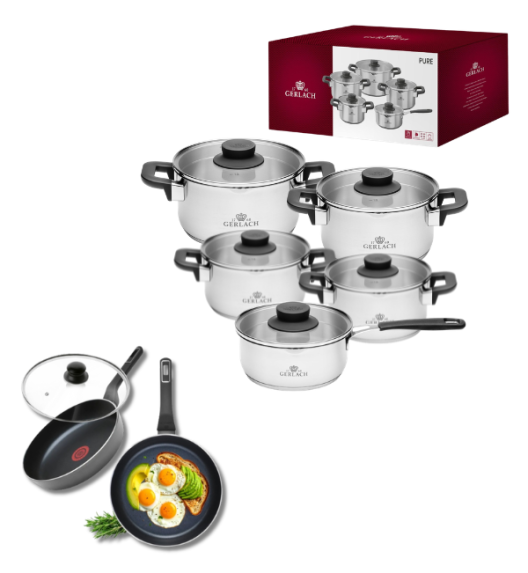 GERLACH PURE Komplet Garnki z pokrywkami 10 el / indukcja + Gerlach Ambiente Patelnia 20, 28 cm + pokrywki szklane 