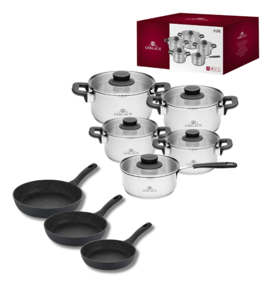 GERLACH PURE Komplet Garnki z pokrywkami 10 el / indukcja + Gerlach Granitex Patelnia 20, 24, 28 cm