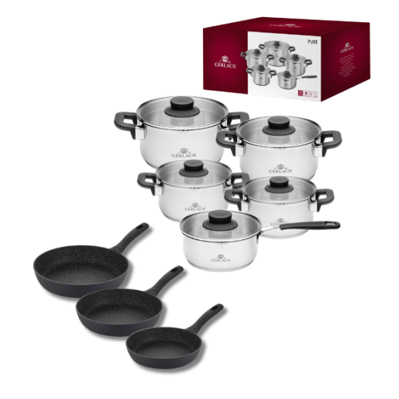 GERLACH PURE Komplet Garnki z pokrywkami 10 el / indukcja + Gerlach Granitex Patelnia 20, 24, 28 cm