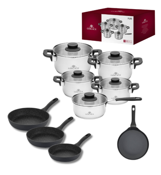 GERLACH PURE Komplet Garnki z pokrywkami 10 el / indukcja + Gerlach Granitex Patelnia 20, 24, 28 cm + Patelnia naleśnikowa 26 cm 