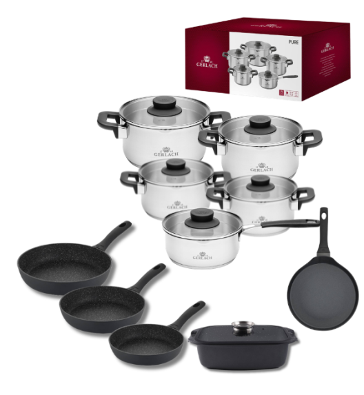 GERLACH PURE Komplet Garnki z pokrywkami 10 el / indukcja + Gerlach Granitex Patelnia 20, 24, 28 cm + Patelnia naleśnikowa 26 cm + Brytfanna Granitex z pokrywką 