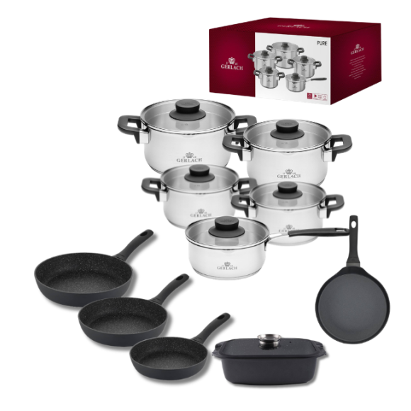 GERLACH PURE Komplet Garnki z pokrywkami 10 el / indukcja + Gerlach Granitex Patelnia 20, 24, 28 cm + Patelnia naleśnikowa 26 cm + Brytfanna Granitex z pokrywką 