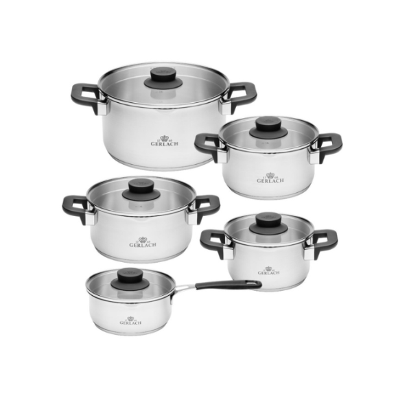 GERLACH PURE Komplet Garnki z pokrywkami 10 el / indukcja + Gerlach Granitex Patelnia 20, 24, 28 cm + Patelnia naleśnikowa 26 cm + Brytfanna Granitex z pokrywką 
