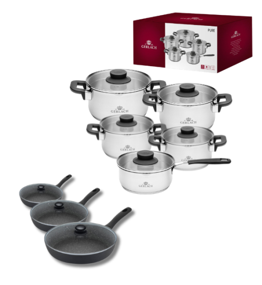 GERLACH PURE Komplet Garnki z pokrywkami 10 el / indukcja + Gerlach Granitex Patelnia 20, 24, 28 cm + pokrywki szklane