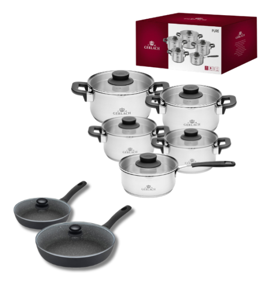 GERLACH PURE Komplet Garnki z pokrywkami 10 el / indukcja + Gerlach Granitex Patelnia 20, 28 cm + pokrywki szklane 