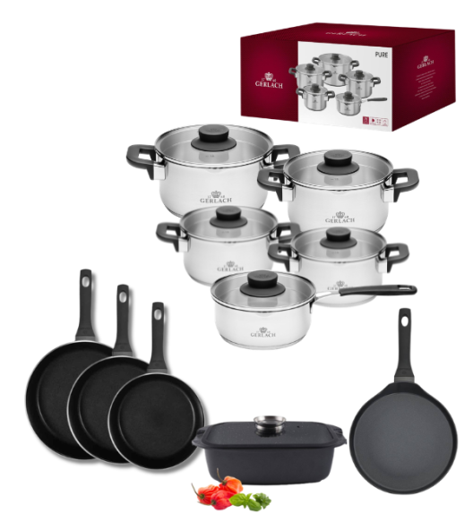 GERLACH PURE Komplet Garnki z pokrywkami 10 el / indukcja + Gerlach Harmony Classic Patelnia 20, 24, 28 cm + Patelnia naleśnikowa 26 cm + Brytfanna Granitex 32 cm 
