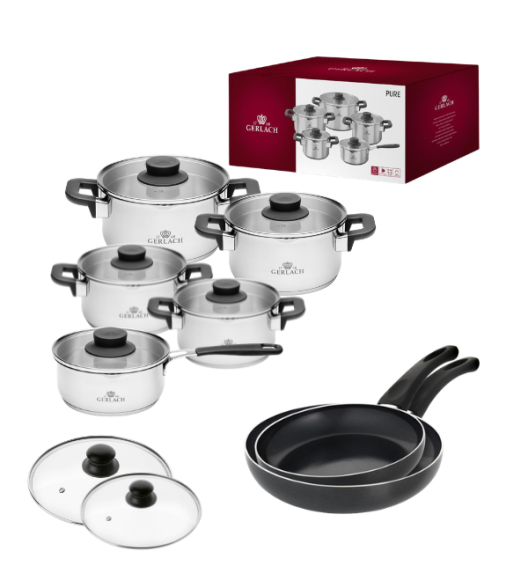 GERLACH PURE Komplet Garnki z pokrywkami 10 el / indukcja + Gerlach Initial Patelnia 24, 28 cm+ Pokrywki szklane 