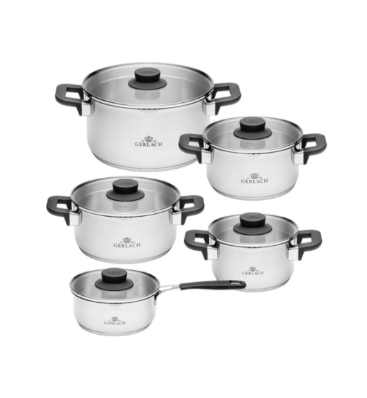 GERLACH PURE Komplet Garnki z pokrywkami 10 el / indukcja + Gerlach Initial Patelnia 24, 28 cm+ Pokrywki szklane 
