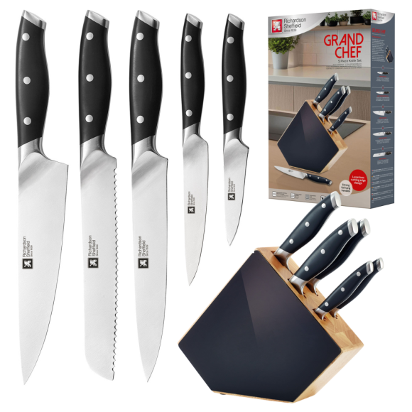 RICHARDSON SHEFFIELD GRAND CHEF Zestaw 5 noży kuchennych w bloku drewnianym