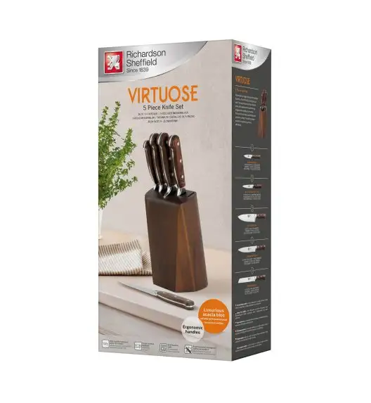 RICHARDSON SHEFFIELD VIRTUOSE Zestaw 5 noży kuchennych w bloku drewnianym