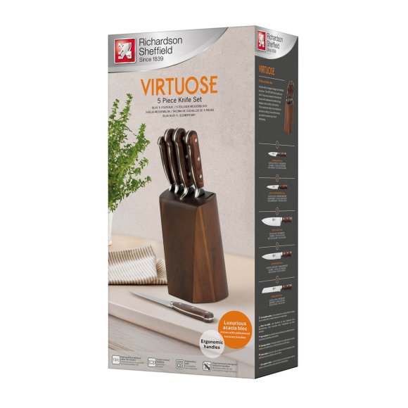 RICHARDSON SHEFFIELD VIRTUOSE Zestaw 5 noży kuchennych w bloku drewnianym