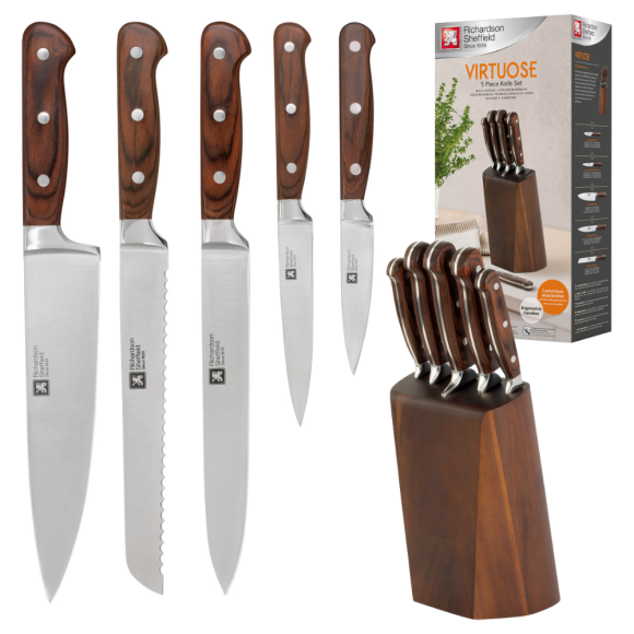 RICHARDSON SHEFFIELD VIRTUOSE Zestaw 5 noży kuchennych w bloku drewnianym