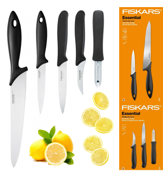 FISKARS ESSENTIAL Zestaw 5 noży (kuchenne + do obierania) w pudełku / stal nierdzewna HRC 53