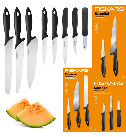 FISKARS ESSENTIAL Komplet 8 noży (kuchenne + Szefa + do obierania) w pudełku / stal nierdzewna