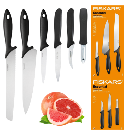 FISKARS ESSENTIAL Komplet 6 noży (kuchenne + do obierania) w pudełku / stal nierdzewna