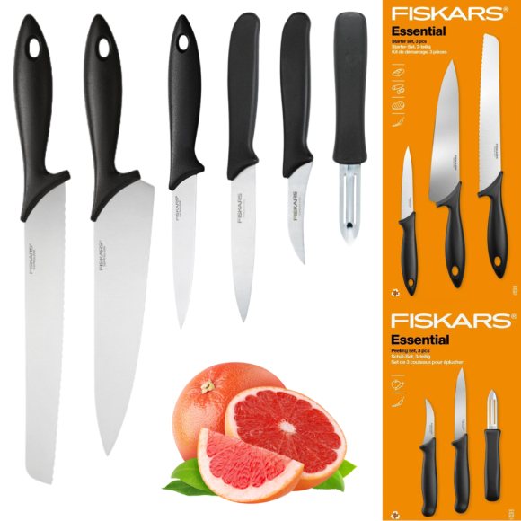 FISKARS ESSENTIAL Komplet 6 noży (kuchenne + do obierania) w pudełku / stal nierdzewna