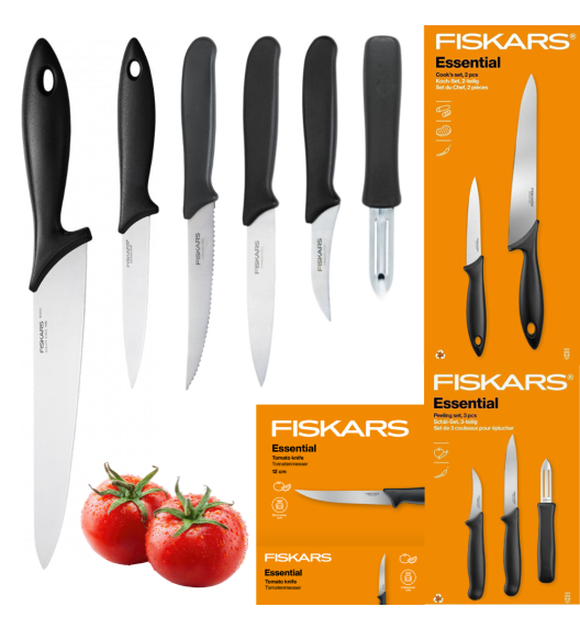 FISKARS ESSENTIAL Zestaw 6 noży (kuchenne + do obierania + do pomidorów) / stal nierdzewna HRC 53