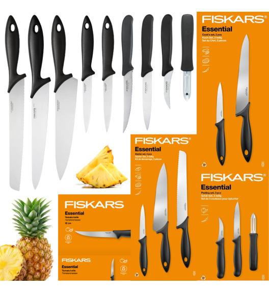 FISKARS ESSENTIAL Komplet 9 noży (kuchenne + Szefa + do obierania + do pomidorów) / stal nierdzewna