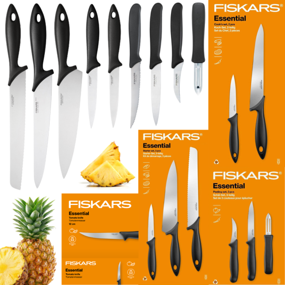 FISKARS ESSENTIAL Komplet 9 noży (kuchenne + Szefa + do obierania + do pomidorów) / stal nierdzewna