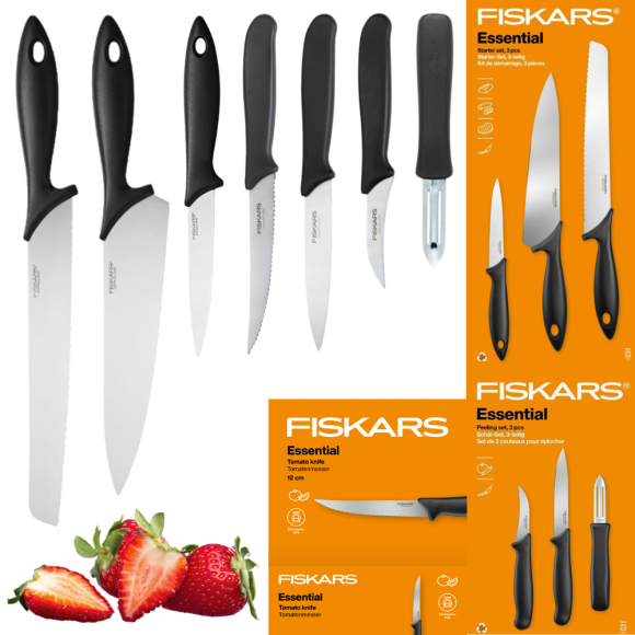 FISKARS ESSENTIAL Komplet 7 noży (kuchenne + do obierania + do pomidorów) / stal nierdzewna