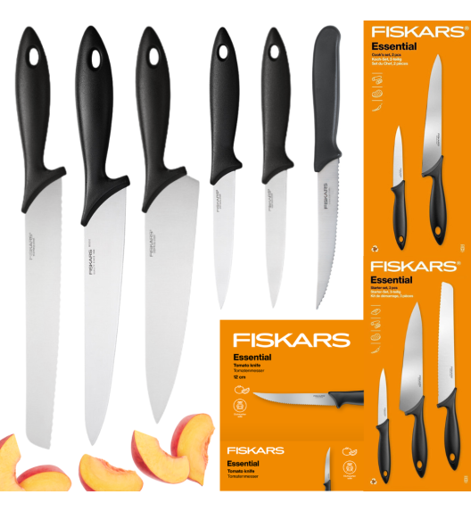 FISKARS ESSENTIAL Komplet 6 noży (kuchenne + Szefa + do pomidorów) / stal nierdzewna