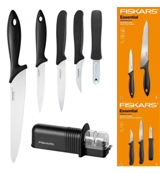 FISKARS ESSENTIAL Zestaw 5 noży (kuchenne + do obierania) w pudełku + Ostrzałka ESSENTIAL