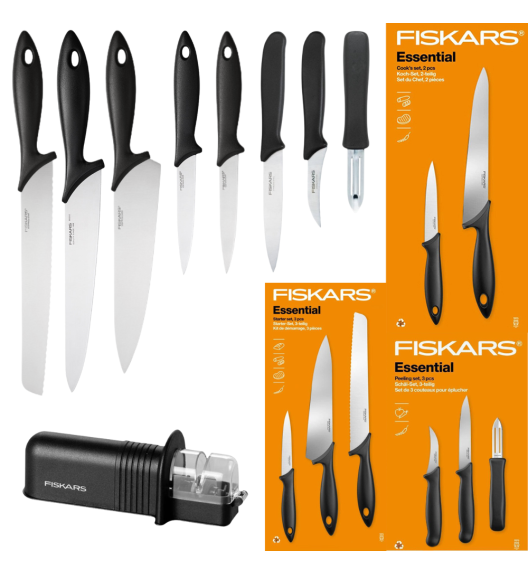 FISKARS ESSENTIAL Komplet 8 noży (kuchenne + Szefa + do obierania) w pudełku + Ostrzałka ESSENTIAL