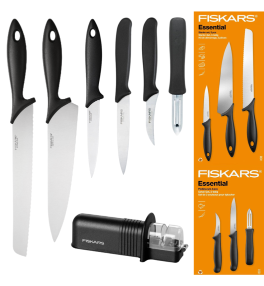 FISKARS ESSENTIAL Komplet 6 noży (kuchenne + do obierania) w pudełku + Ostrzałka ESSENTIAL