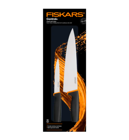 FISKARS CONTROL+ Zestaw 6 noży kuchennych FAVOURITE + COOK'S SET + Ostrzałka 3w1 uniwersalna / japońska stal nierdzewna