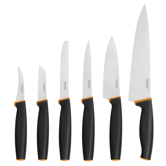 FISKARS CONTROL+ Zestaw 6 noży kuchennych FAVOURITE + COOK'S SET + Ostrzałka 3w1 uniwersalna / japońska stal nierdzewna