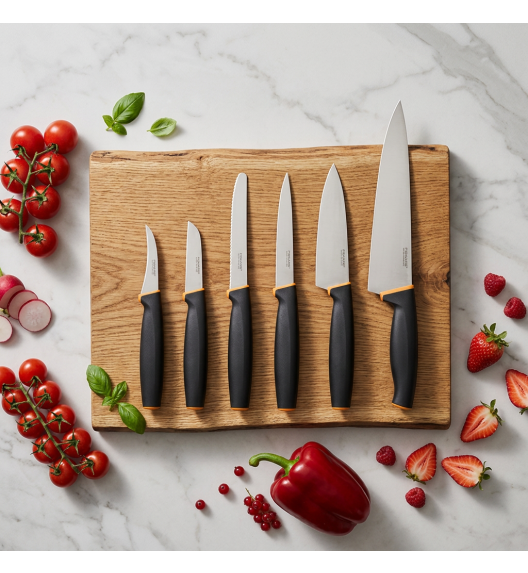 FISKARS CONTROL+ Zestaw 6 noży kuchennych FAVOURITE + COOK'S SET + Ostrzałka 3w1 uniwersalna / japońska stal nierdzewna