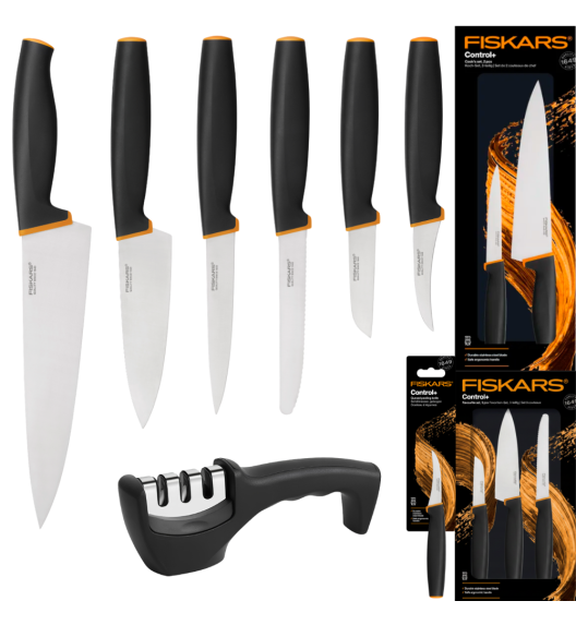 FISKARS CONTROL+ Zestaw 6 noży kuchennych FAVOURITE + COOK'S SET + Ostrzałka 3w1 uniwersalna / japońska stal nierdzewna