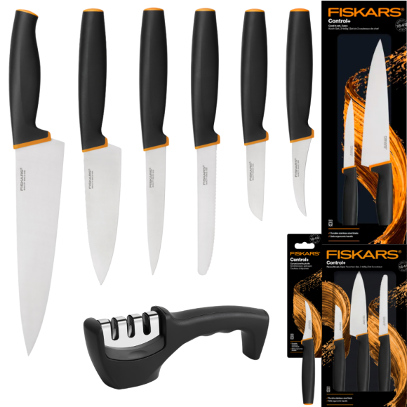 FISKARS CONTROL+ Zestaw 6 noży kuchennych FAVOURITE + COOK'S SET + Ostrzałka 3w1 uniwersalna / japońska stal nierdzewna