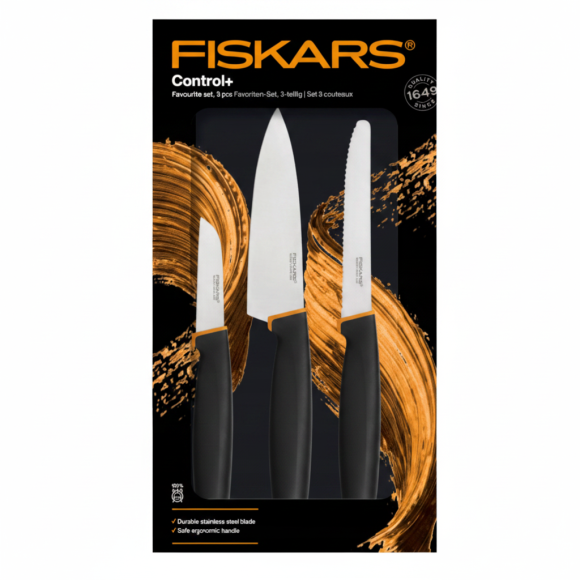FISKARS CONTROL+ Zestaw 6 noży kuchennych FAVOURITE + COOK'S SET + Ostrzałka ceramiczna Essential Roll-Sharp / japońska stal nierdzewna