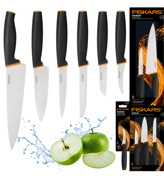 FISKARS CONTROL+ Zestaw 6 noży kuchennych FAVOURITE + COOK'S SET + Ostrzałka ceramiczna Essential Roll-Sharp / japońska stal nierdzewna
