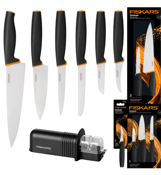 FISKARS CONTROL+ Zestaw 6 noży kuchennych FAVOURITE + COOK'S SET + Ostrzałka ceramiczna Essential Roll-Sharp / japońska stal nierdzewna