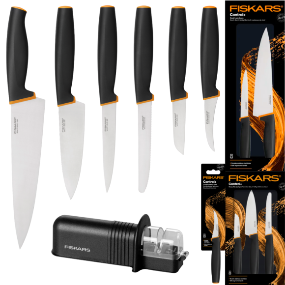 FISKARS CONTROL+ Zestaw 6 noży kuchennych FAVOURITE + COOK'S SET + Ostrzałka ceramiczna Essential Roll-Sharp / japońska stal nierdzewna