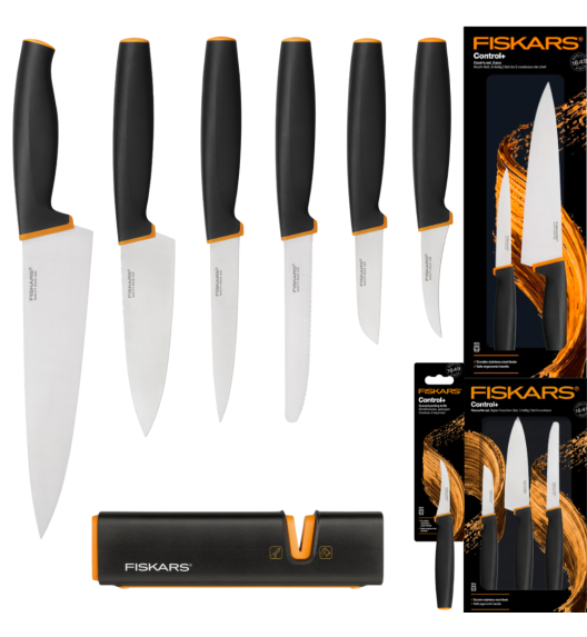 FISKARS CONTROL+ Zestaw 6 noży kuchennych FAVOURITE + COOK'S SET + Ostrzałka Edge / japońska stal nierdzewna