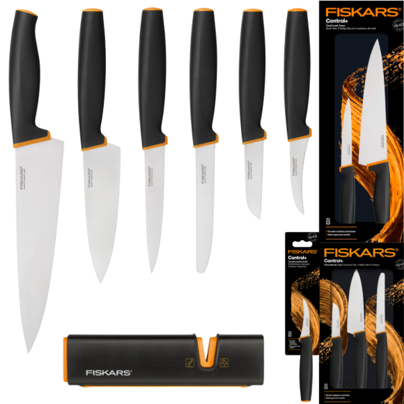 FISKARS CONTROL+ Zestaw 6 noży kuchennych FAVOURITE + COOK'S SET + Ostrzałka Edge / japońska stal nierdzewna