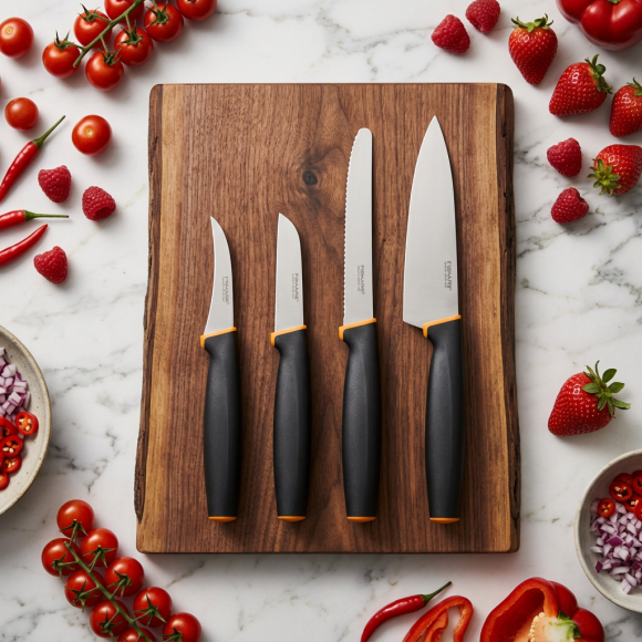 FISKARS CONTROL+ Zestaw 4 noży kuchennych FAVOURITE SET + Ostrzałka 3w1 uniwersalna / japońska stal nierdzewna