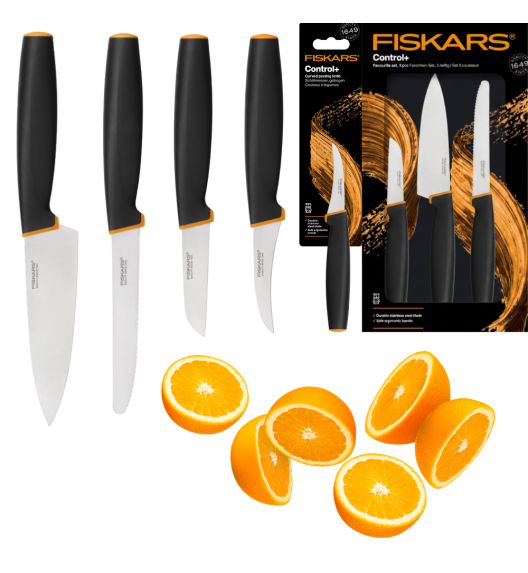 FISKARS CONTROL+ Zestaw 4 noży kuchennych FAVOURITE SET + Ostrzałka 3w1 uniwersalna / japońska stal nierdzewna